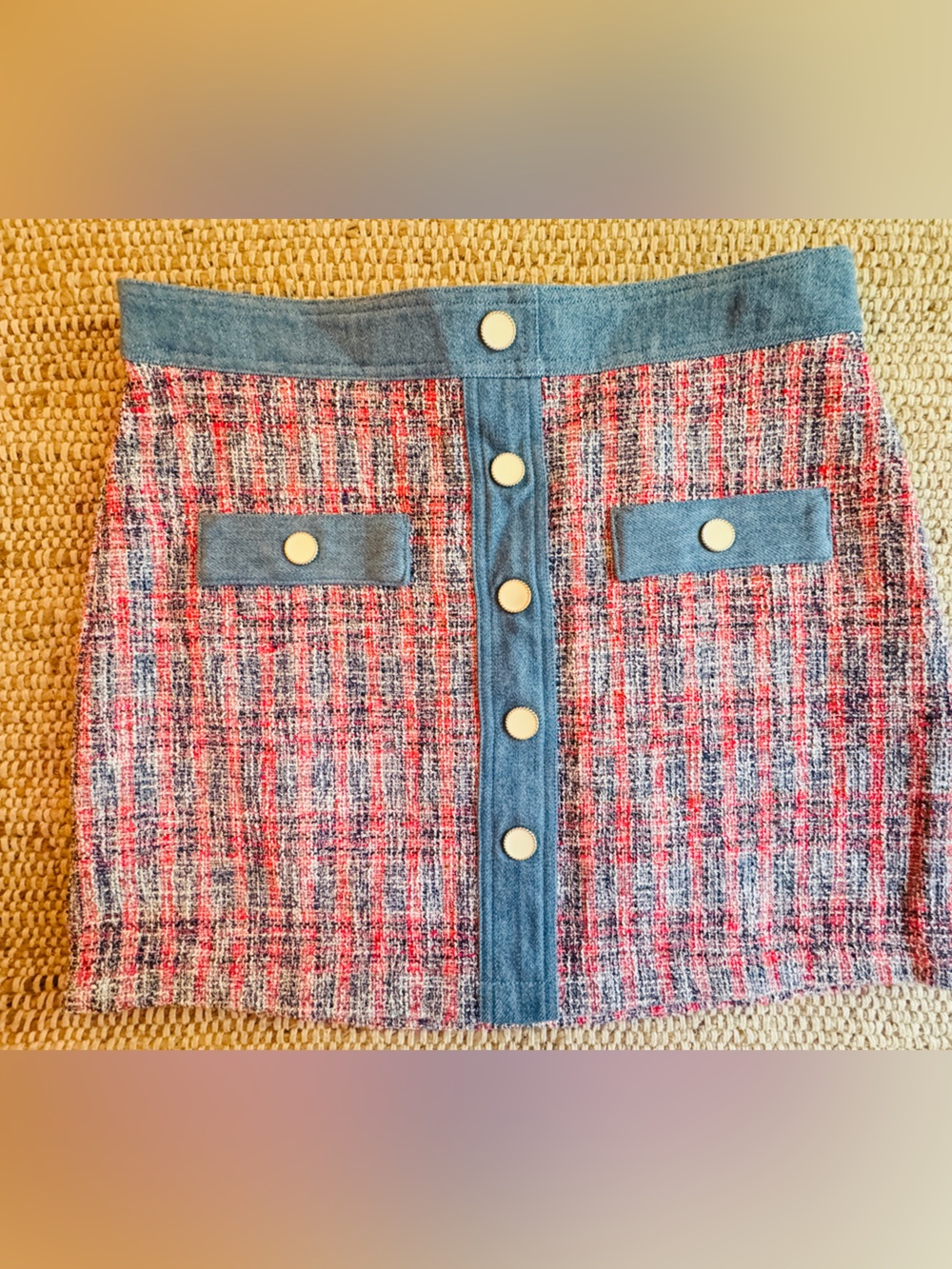 House of Harlow 1960 Tweed Denim Mini Skirt Size 10 Gold Button Preppy EUC